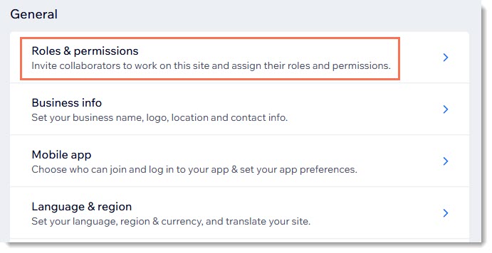 Screenshot of the Settings page in a Wix Site. The Roles & permissions settings are outlined