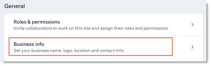 Screenshot of part of the Settings page in a Wix Site. The Business info settings are outlined