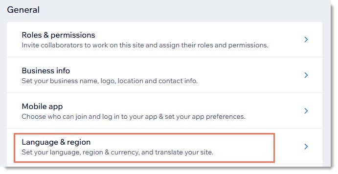 Screenshot of part of the Settings page in a Wix Site. The Language & regions settings are outlined
