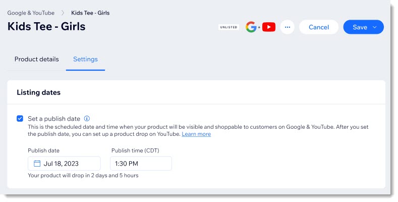 Screenshot showing where you can set a future publish date for YouTube and Google in the Wix dashboard