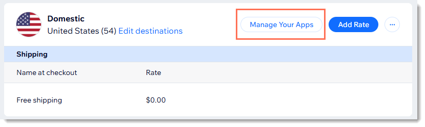 Screenshot of part of the shipping, delivery, & fulfillment page with the Manage Your Apps button outlined