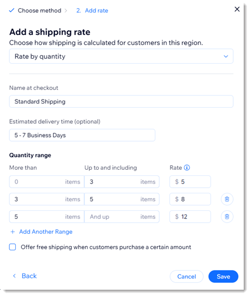 Screenshot of the setup screen for a Rate by Quantity shipping rule in Wix Stores