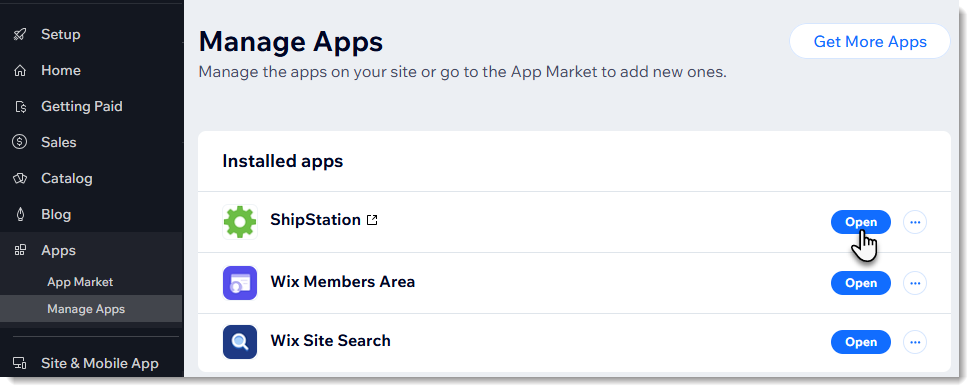 Screenshot of the Manage Apps page in the Wix dashboard