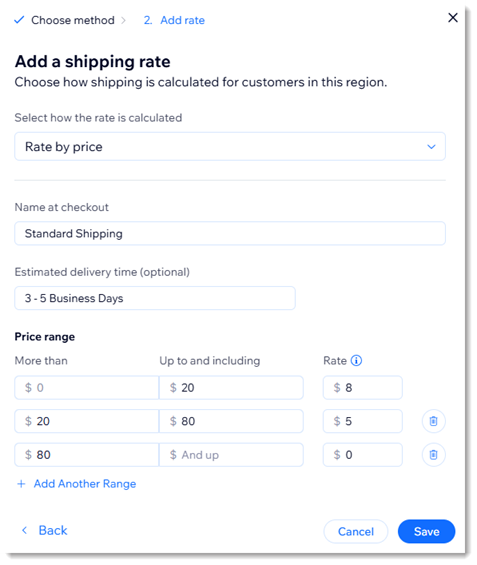 Screenshot of the setup screen for a Rate by Price shipping rule in Wix Stores