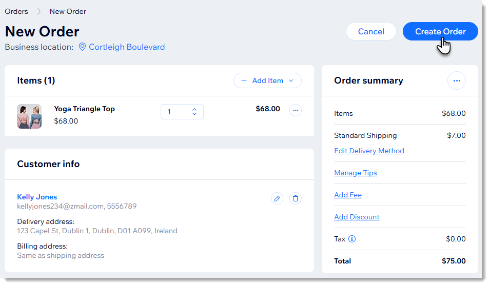 Screenshot of ready order with cursor on Create Order button