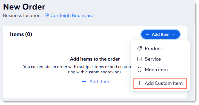 Screenshot of the page where you can create a manual order