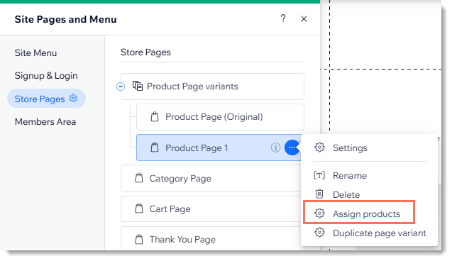 Capture d'écran du menu Pages dans l'éditeur Wix après avoir cliqué sur l'icône à côté de la page d'article dans une boutique