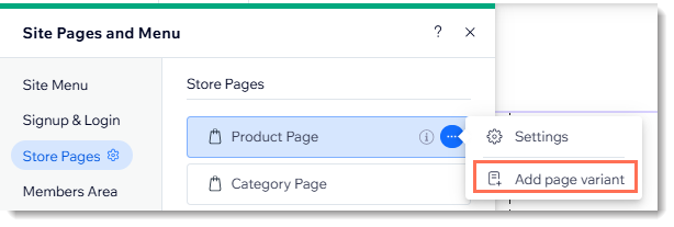 Capture d'écran du menu Pages dans l'éditeur Wix après avoir cliqué sur l'icône à côté de la page d'article dans une boutique