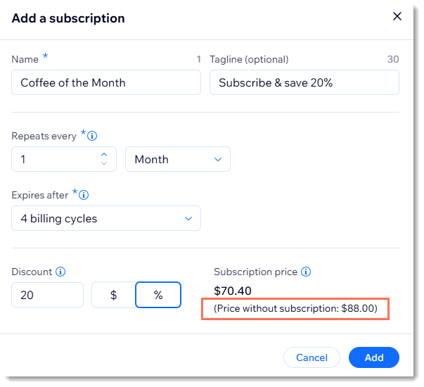 구독 제품을 설정한 Wix 쇼핑몰 팝업 스크린샷