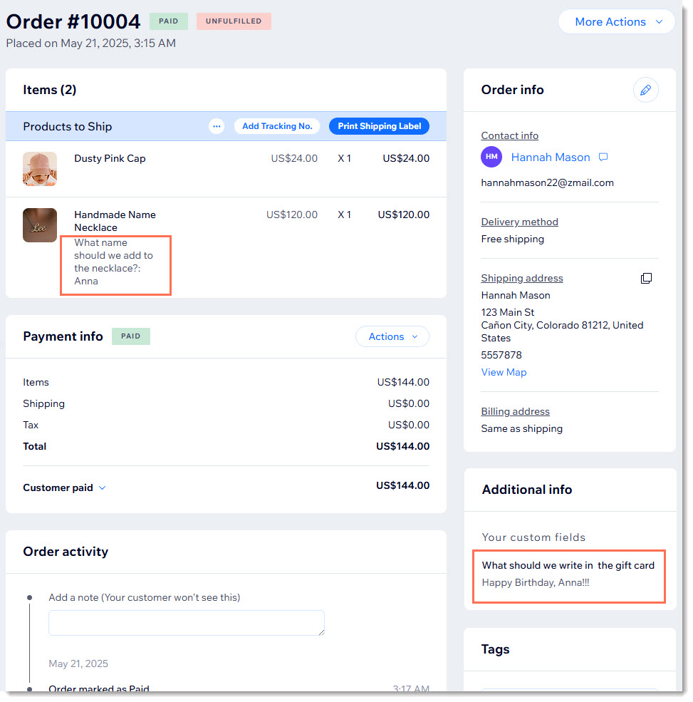 Screenshot di un ordine del negozio con il messaggio di un cliente in evidenza