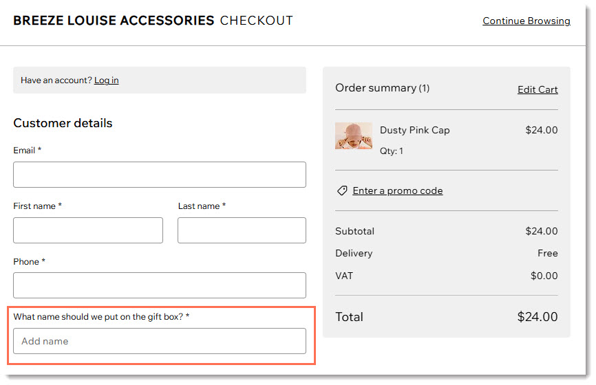Screenshot della pagina di checkout in un negozio Wix con una casella di testo aggiunta