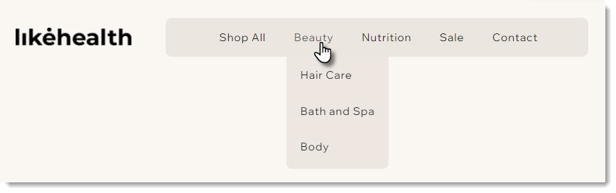 Screenshot del menu di un sito di esempio con sottocategorie in un sito Wix con Wix Stores