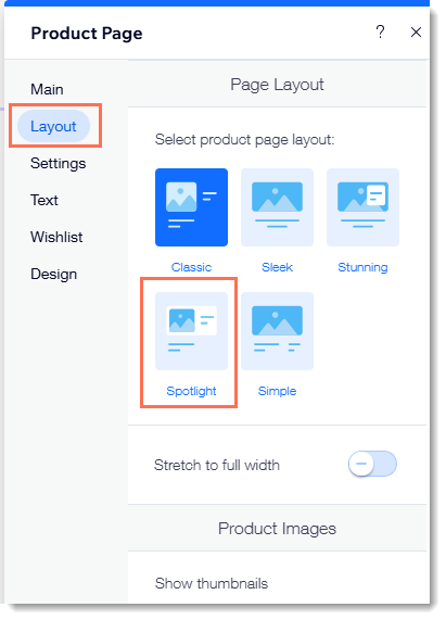 Screenshot of the Product Page settings panel showing the Layout tab with the Spotlight layout outlined