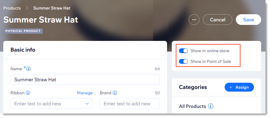 Screenshot of part of the product creation page in Wix stores with the product visibility toggles outlined.