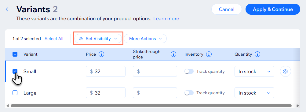 Screenshot of the edit variants screen for store products showing how to manage visibility of variants