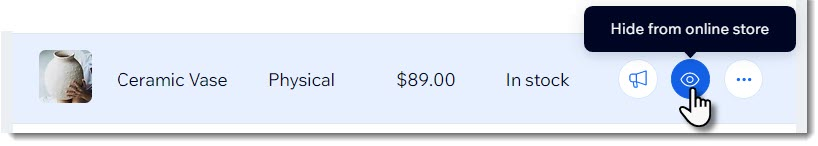 Screenshot of a product in the product list with the show / hide product icon indicated