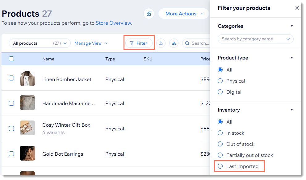 Screenshot of the filter dropdown in the Wix store products tab