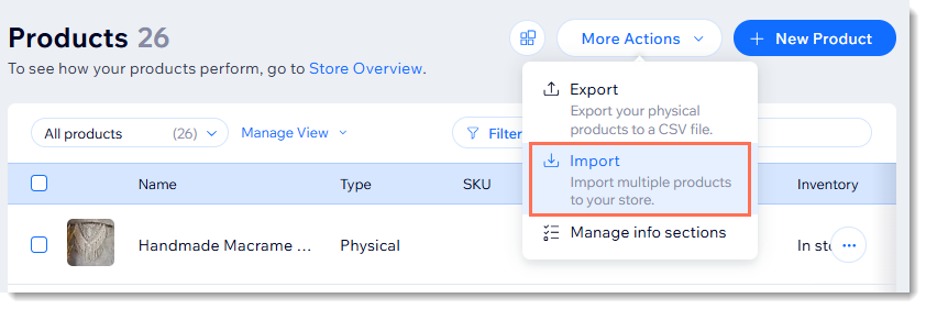 Screenshot of the product list page in the Wix dashboard with the import option outlined