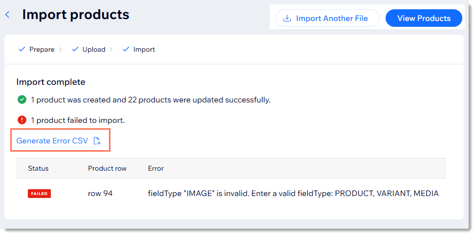 Screenshot of a sample report after trying to import products into Wix Stores