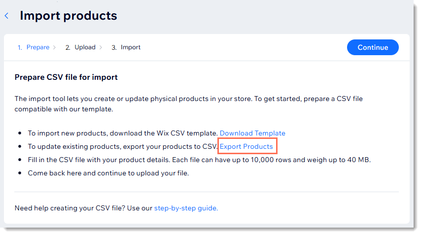 Screenshot of step 1 in the process to import products to Wix Stores