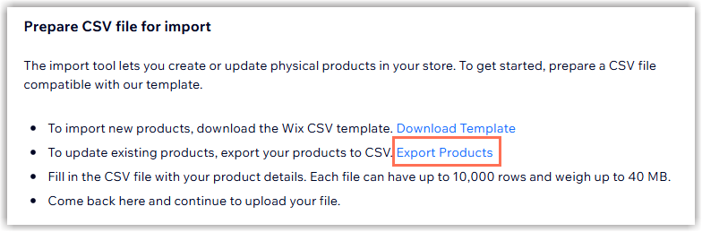 Screenshot of step 1 in the process to import products to Wix Stores