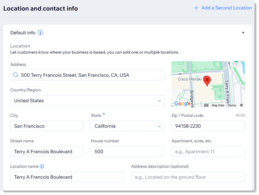 A screenshot of the location information of a business.