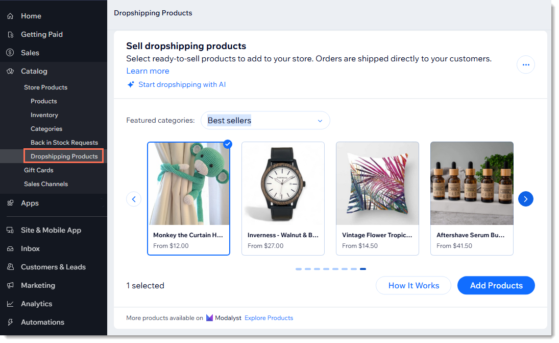 A screenshot of the Dropshipping Products tab in the dashboard.