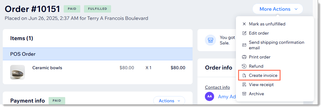 Screenshot of a POS order in the Wix Orders tab, with the create invoice button outlined