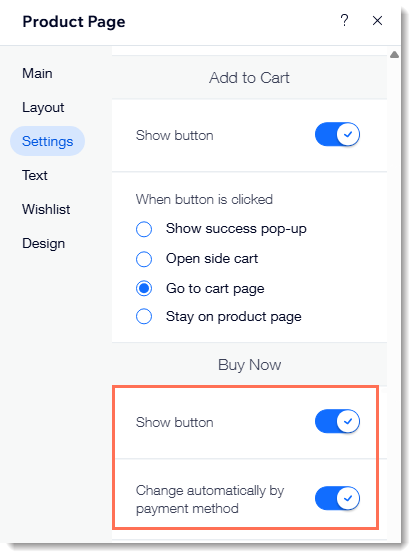 Screenshot of setting in the Product page in Wix where you enable additional payment options