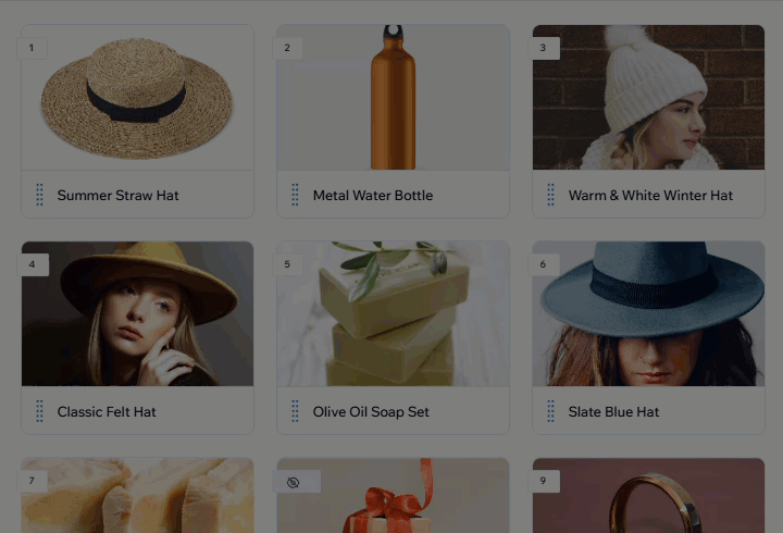 GIF showing how to reorder products in a category in Wix Stores