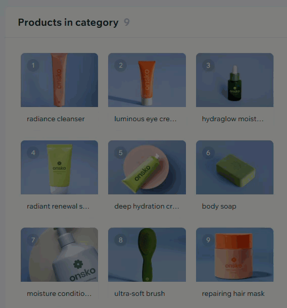GIF mostrando como reordenar produtos em uma categoria no Wix Stores