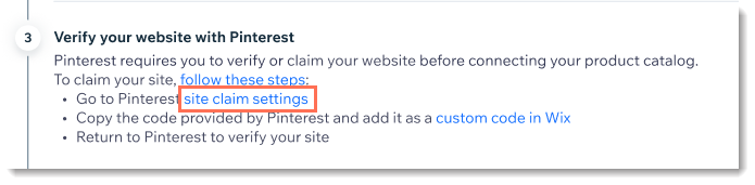 Screenshot of the setup link in the Pinterest page in the Wix dashboard