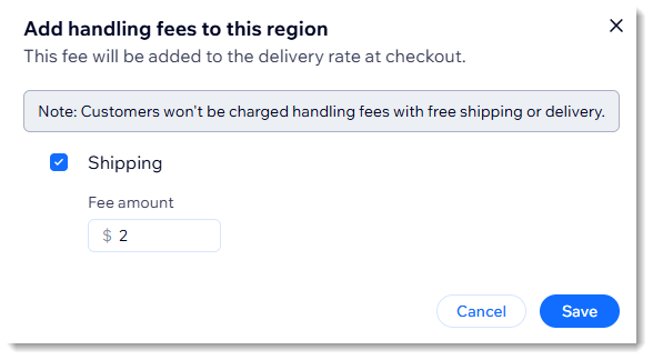Screenshot der Seite mit dem Wix Versand in Wix Stores, der die Einrichtung zum Hinzufügen von Bearbeitungsgebühren zeigt