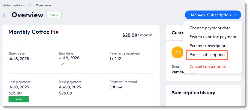 A screenshot of a subscription  overview in a site's dashboard.