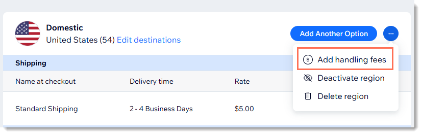 Screenshot der Seite „Wix Versand“ in Wix Stores, der die Option „Bearbeitungsgebühren hinzufügen“ zeigt