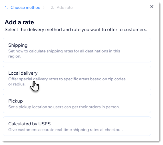 Screenshot of a popup in the Wix Stores shipping page, where you choose a delivery method