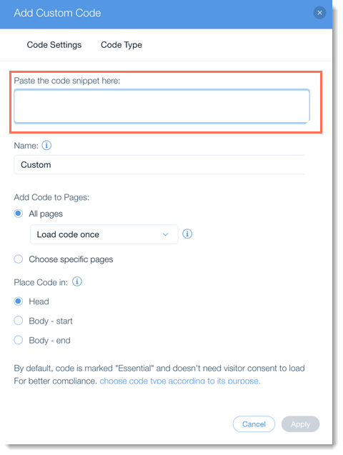 Screenshot of the Wix dashboard showing where to paste custom code