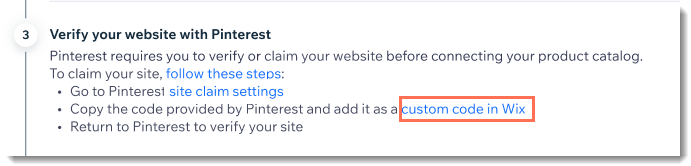 Screenshot of the setup link in the Pinterest page in the Wix dashboard