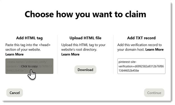 Screenshot of the Add HTML tag option in Pinterest