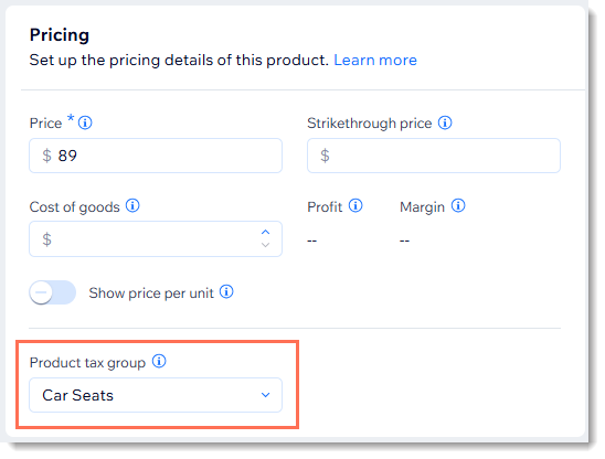 Captura de tela da página de criação de produto no Wix com a configuração do grupo de imposto sobre o produto destacada