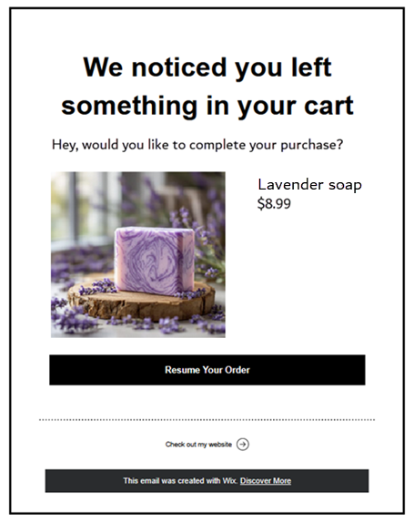 Wix Store'daki terk edilmiş sepet e-postası örneğinin ekran görüntüsü