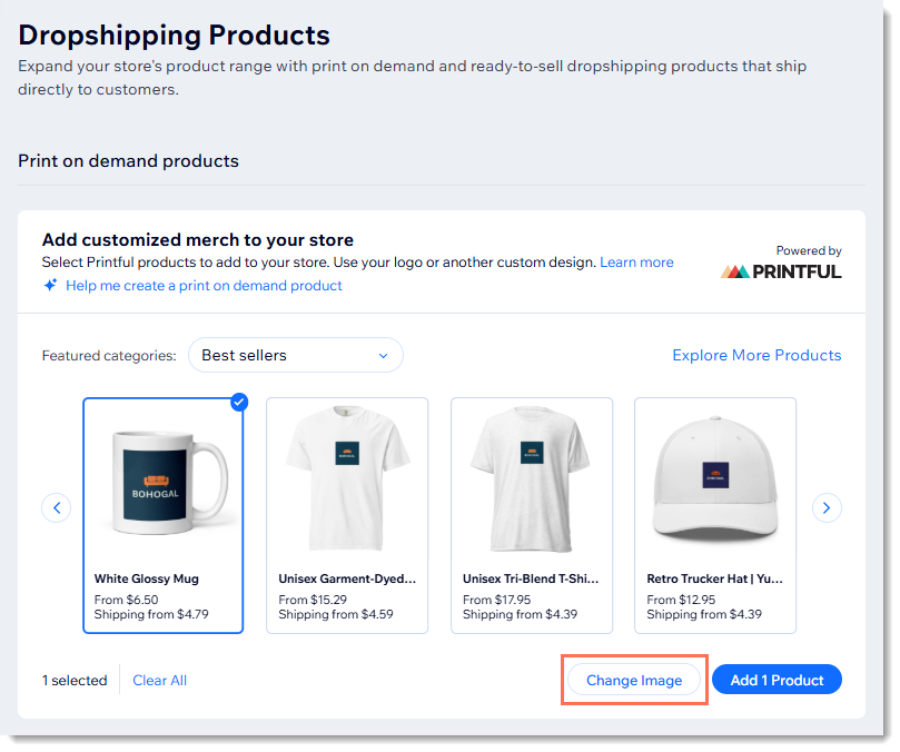 Screenshot of POD products in Wix with sample logo