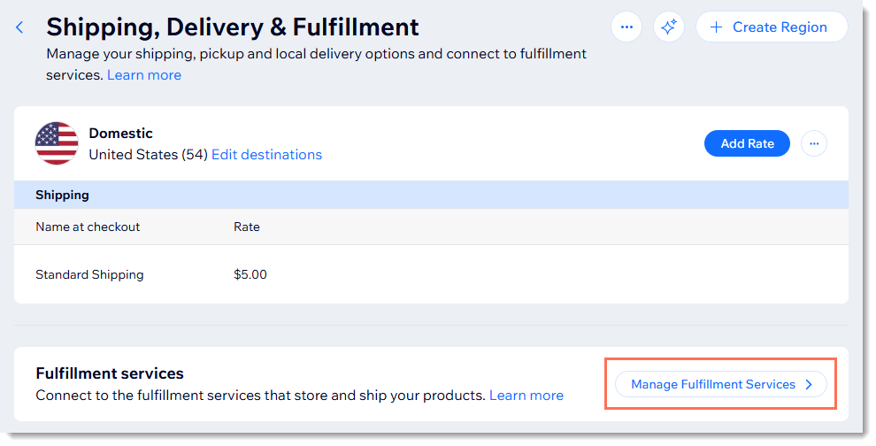 Screenshot of the Shipping, Delivery & Fulfillment page in Wix Stores