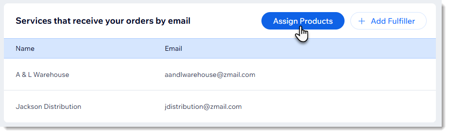 Screenshot of the shipping and fulfillment page in Wix Stores showing how to Assign Products to a fulfiller