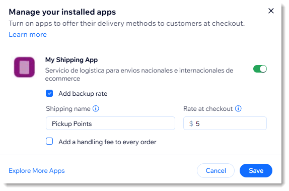 Screenshot van een onderkant van de pagina in een verzendregio in Wix Stores waar je apps van derden kunt beheren