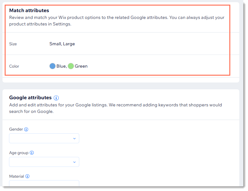 Captura de pantalla de la página de la cuenta de Google Shopping en Wix, donde puedes agregar atributos a un producto con opciones del producto.