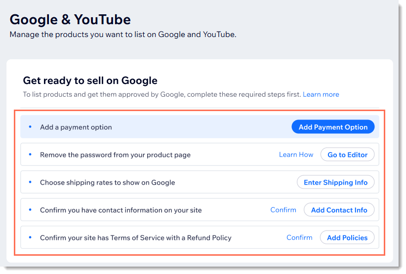 Captura de pantalla de la página de la cuenta de Google y YouTube en Wix, que muestra los pasos de configuración.