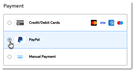 Screenshot of the payment section of the Checkout page in Wix store