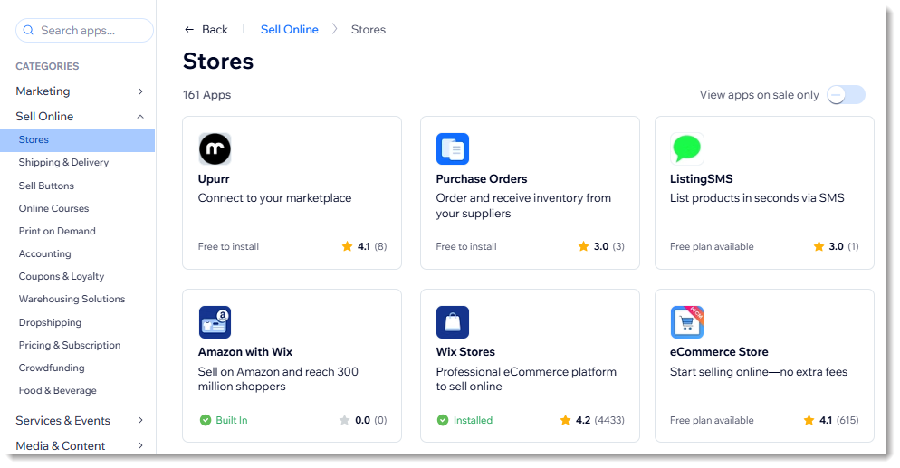 Screenshot showing some sample ecomm apps in the Wix app market