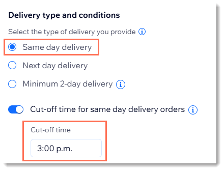Captura de pantalla de parte de la configuración de la entrega local en Wix Stores.